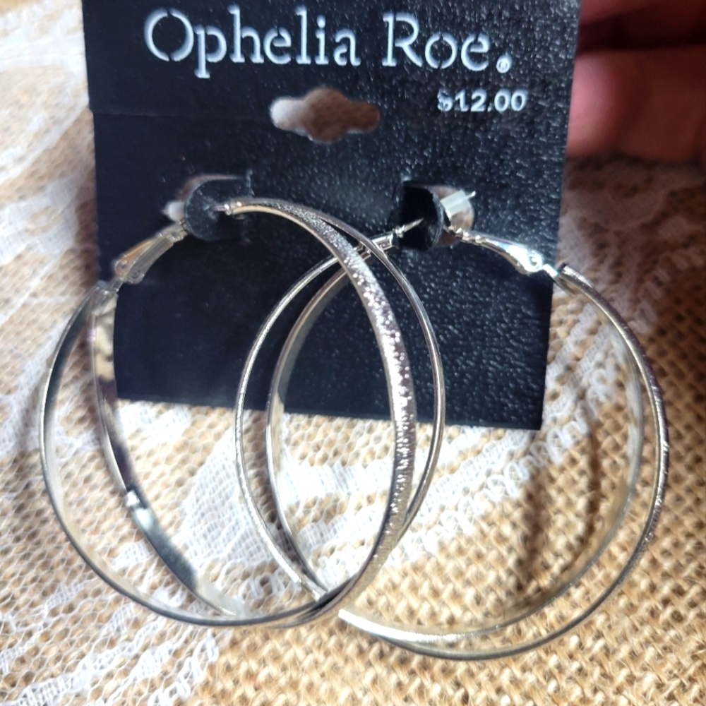 Ophelia Roe pierced earrings silver tone double crossed hoops